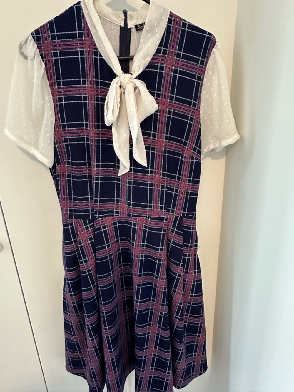 Women’s Navy Plaid Tie-Neck Dress with White Bow